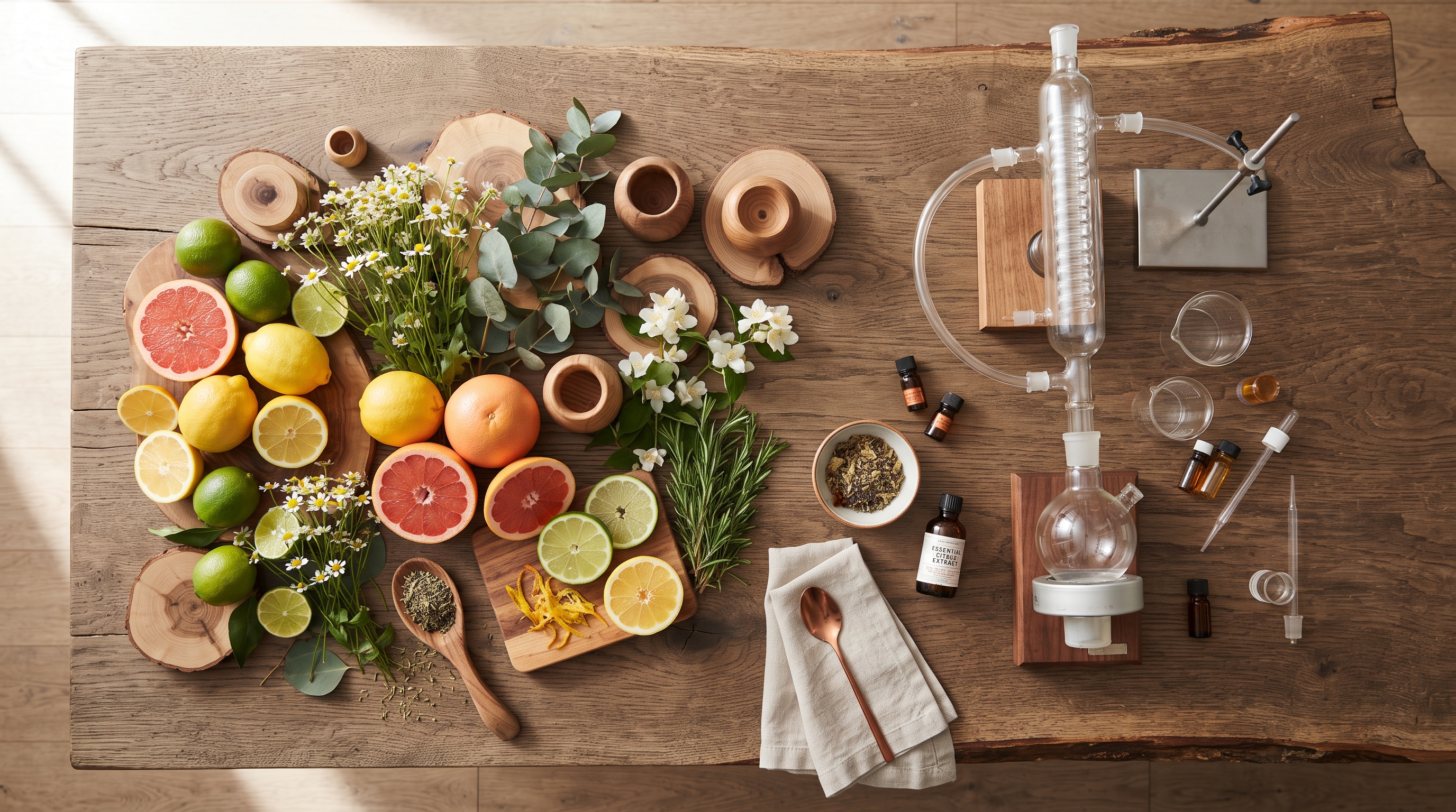Fresh citrus, botanicals, and glassware arranged for scent development