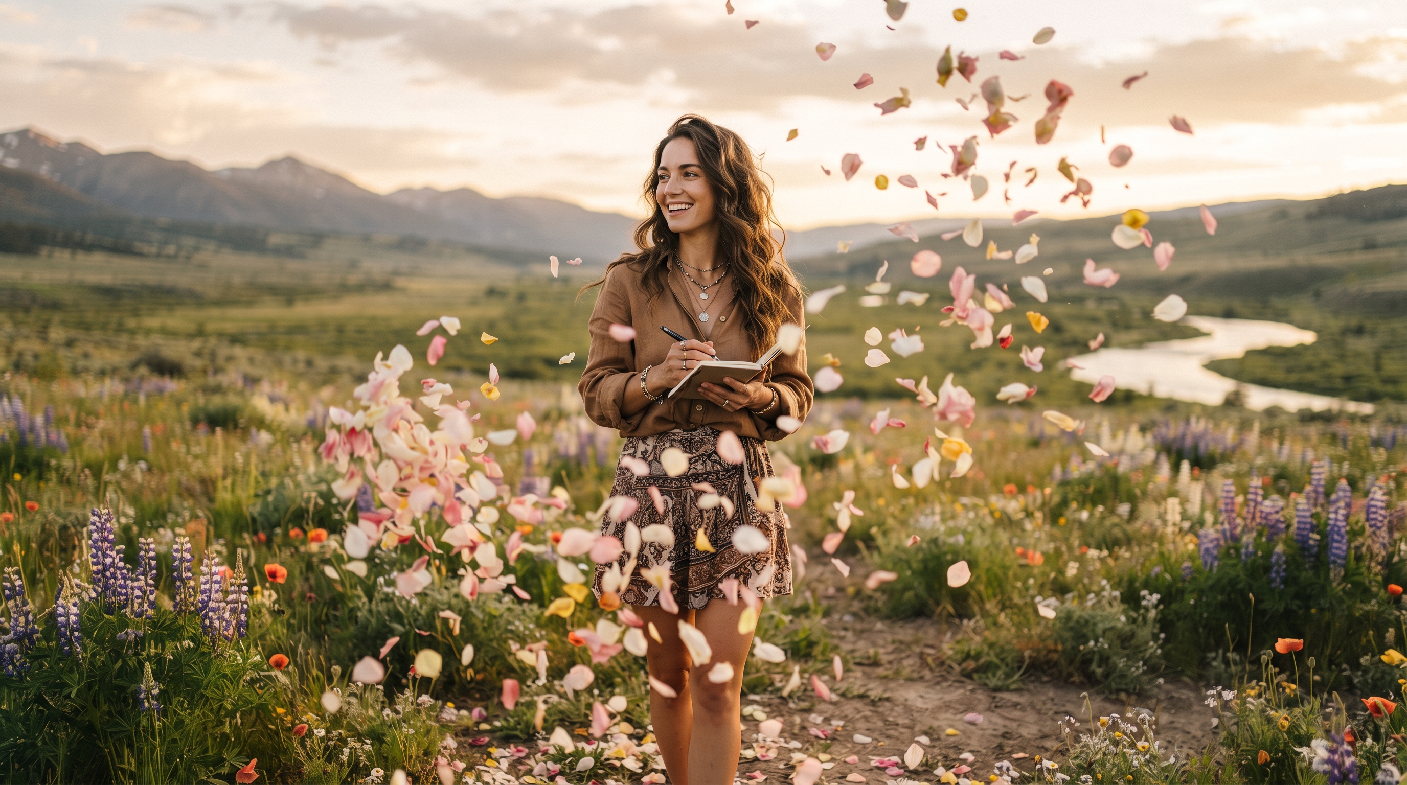 Creator capturing scent notes in an open flowering landscape