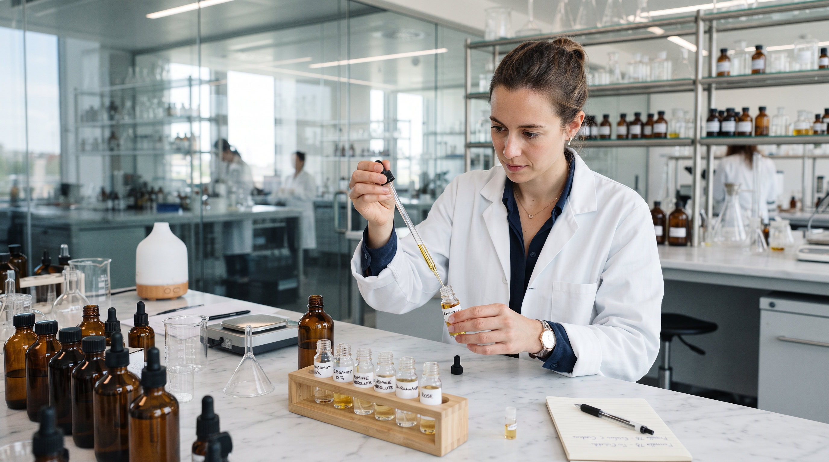 Formulator pipetting essence into a vial in a bright lab