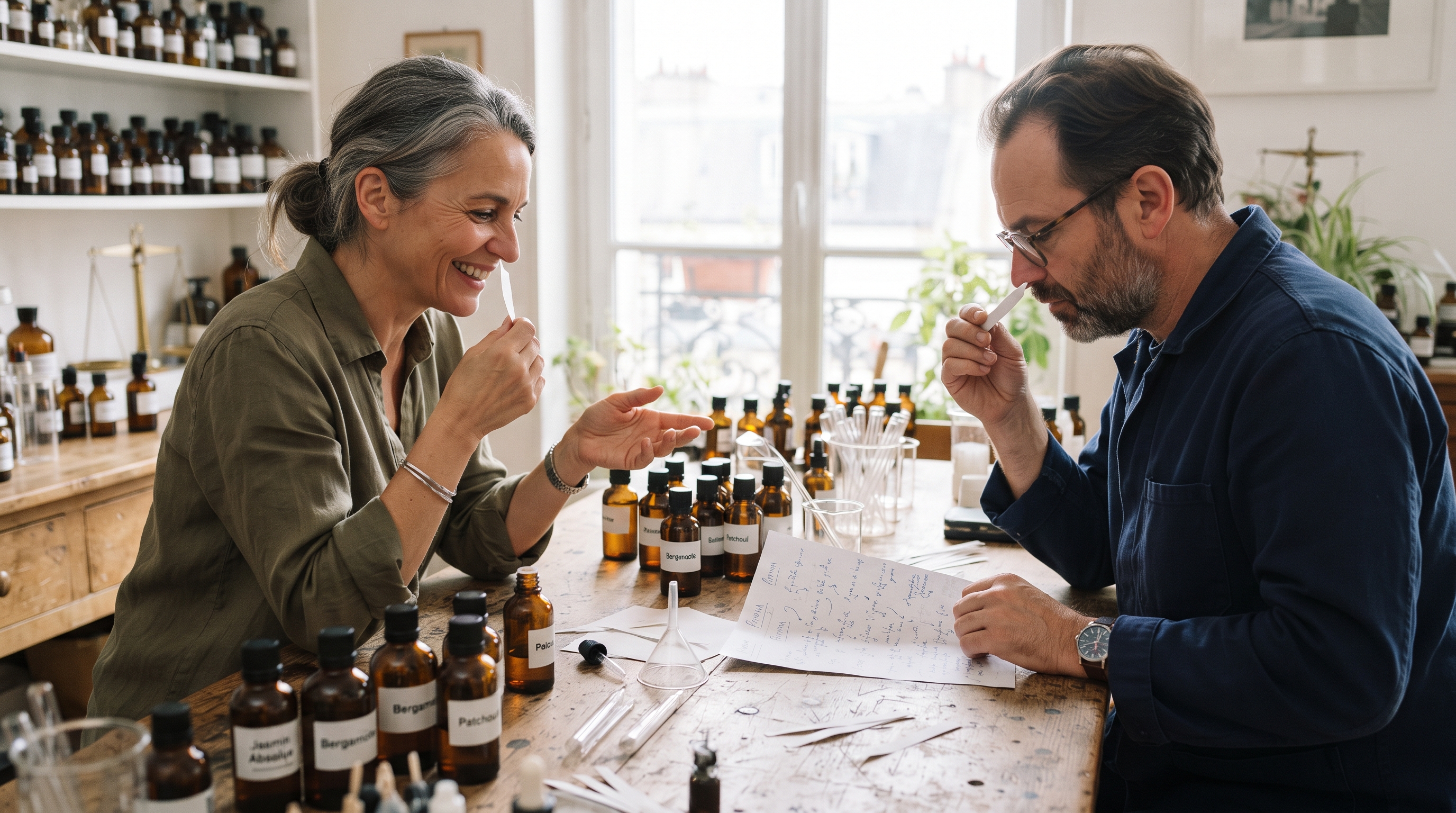 Perfumers evaluating scent strips among amber ingredient bottles